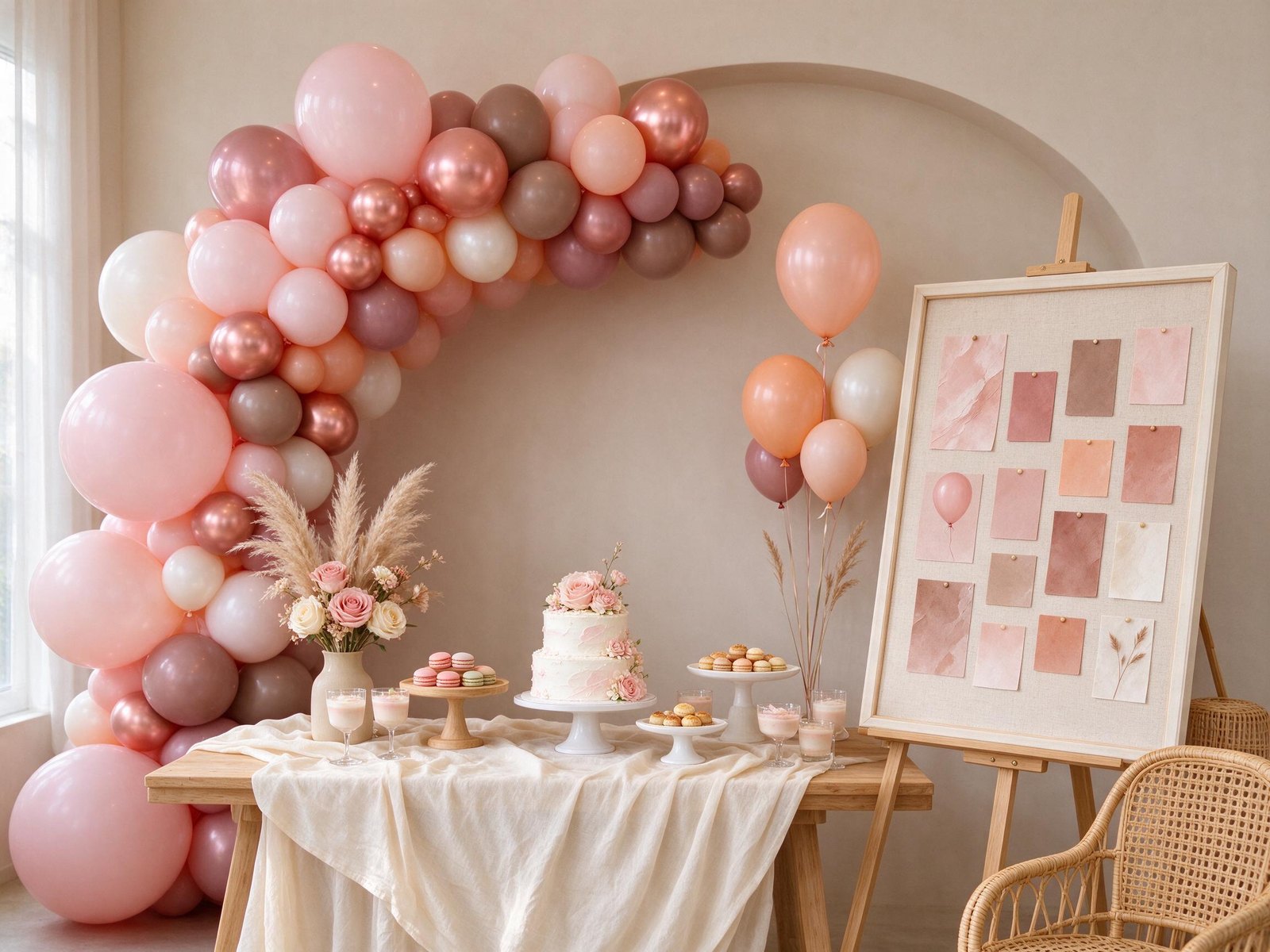 Finished balloon arch and dessert table next to its mood board