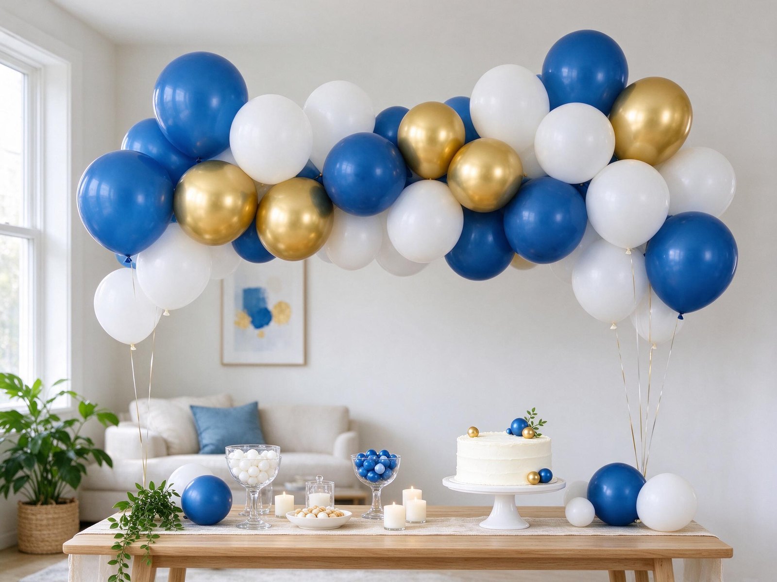 Cobalt, white and gold balloon garland above a birthday cake table