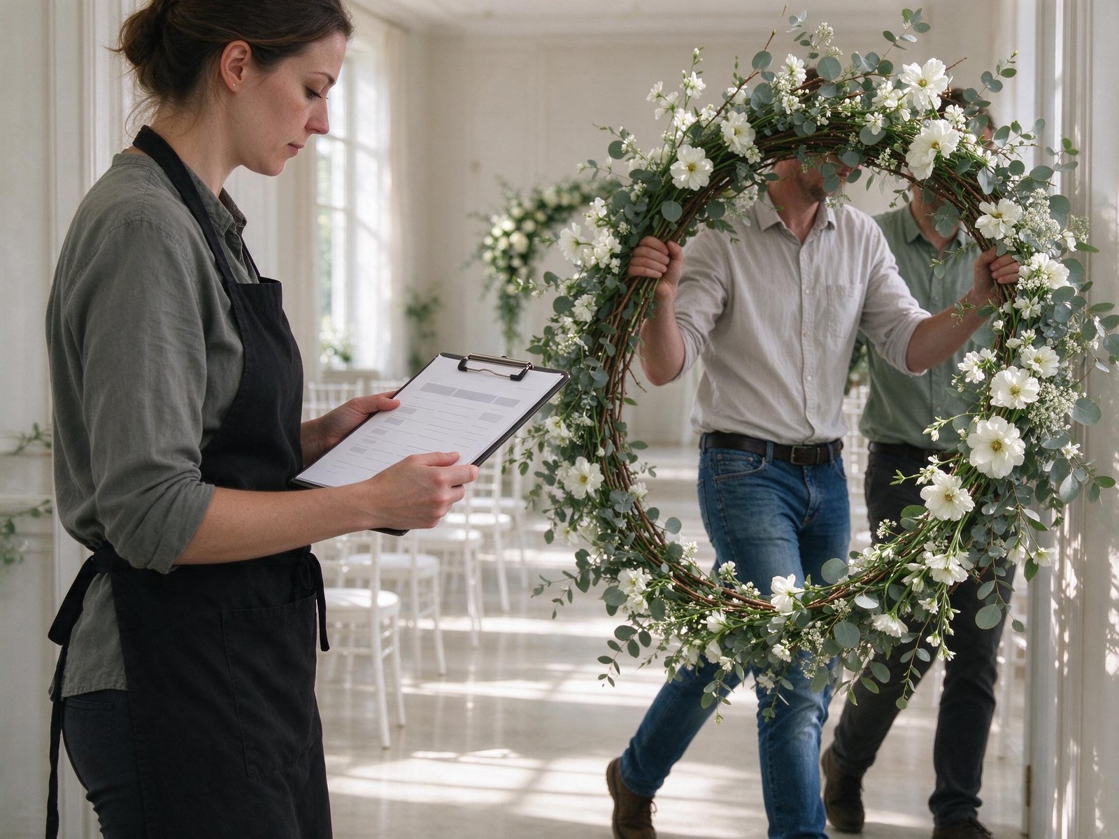 Stylists carrying a floral arch into a wedding venue in the morning