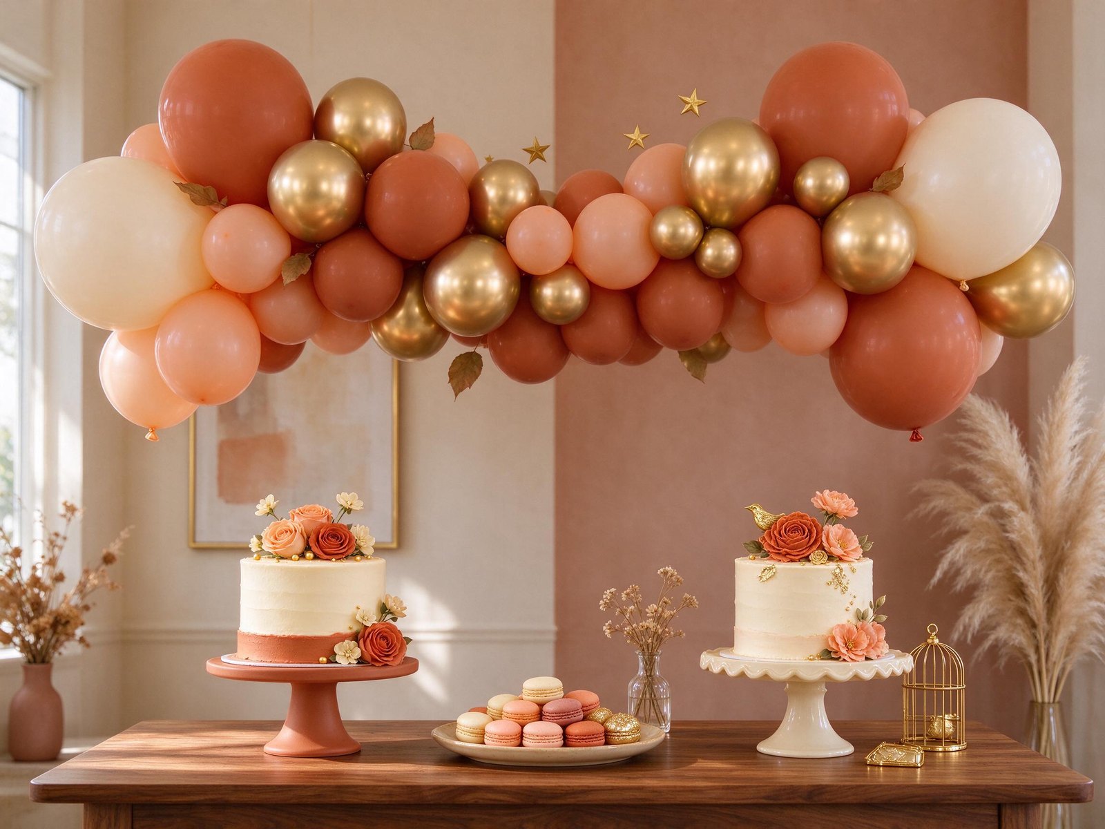 Terracotta, peach and gold balloon garland above a dessert table